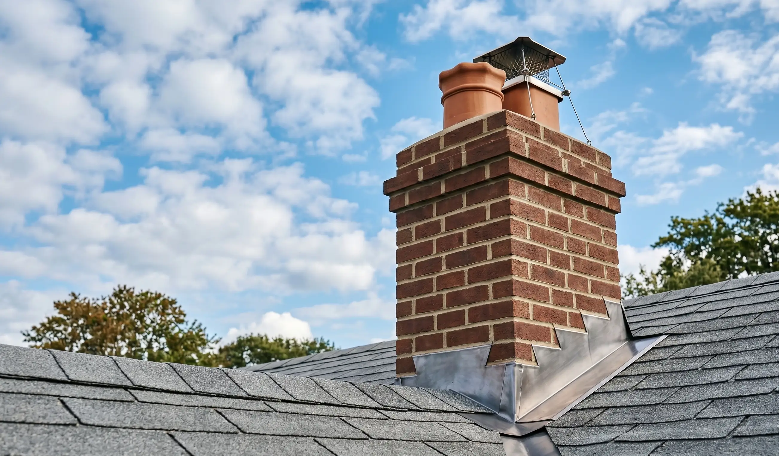 Close-up drone view of a residential masonry chimney crown and flashing