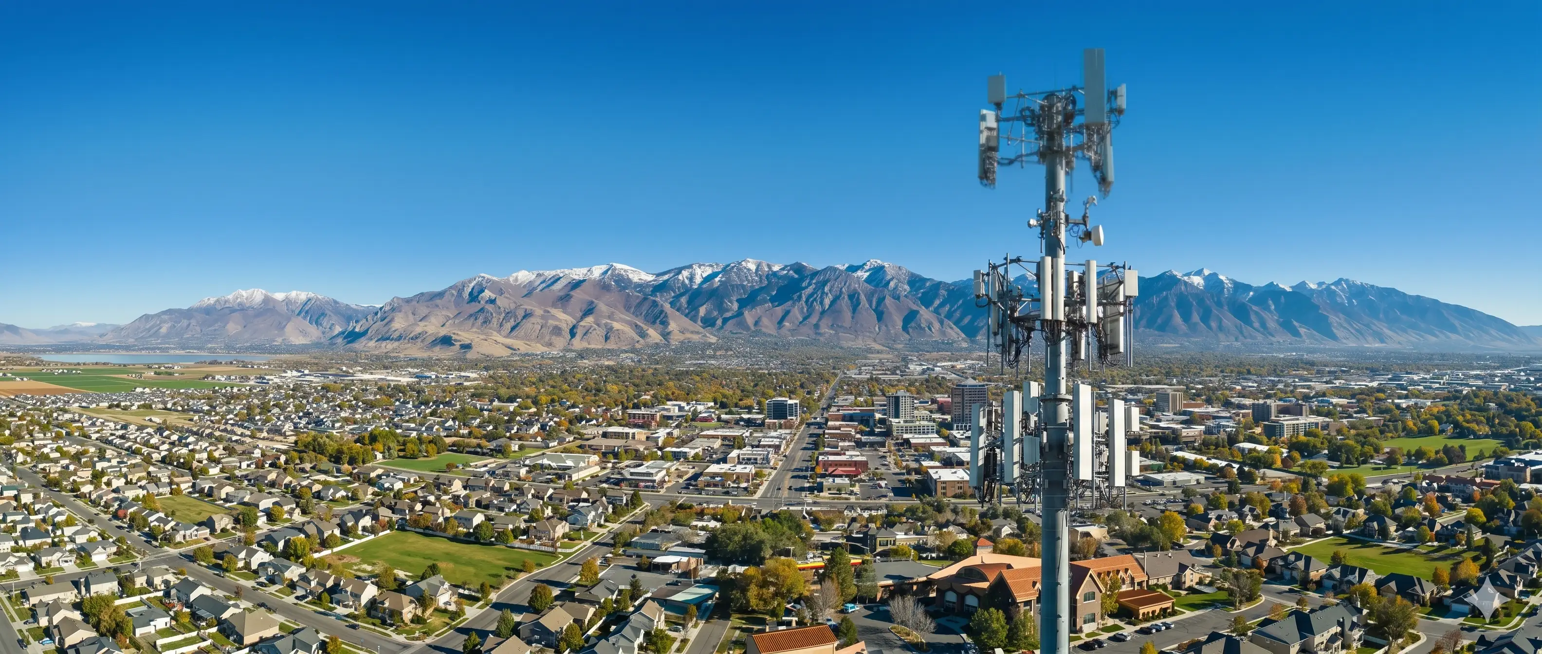 Cell communications tower with antenna array viewed from drone