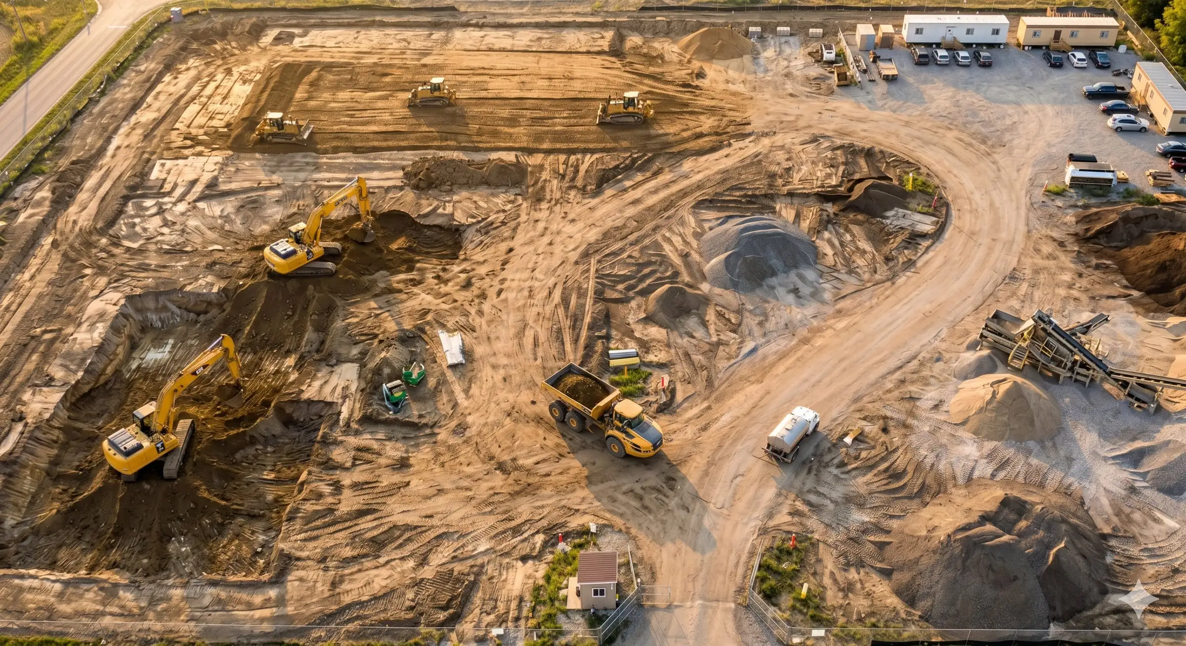 Drone aerial view of an active commercial construction site