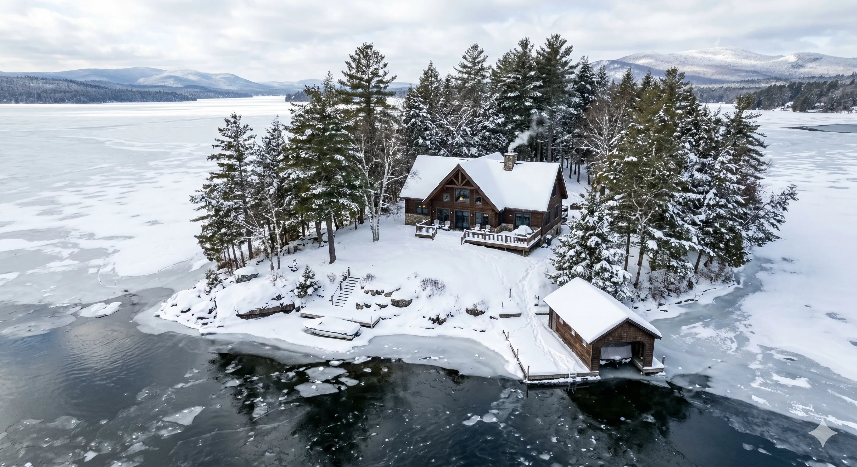 Aerial view of a winterized lake home and dock