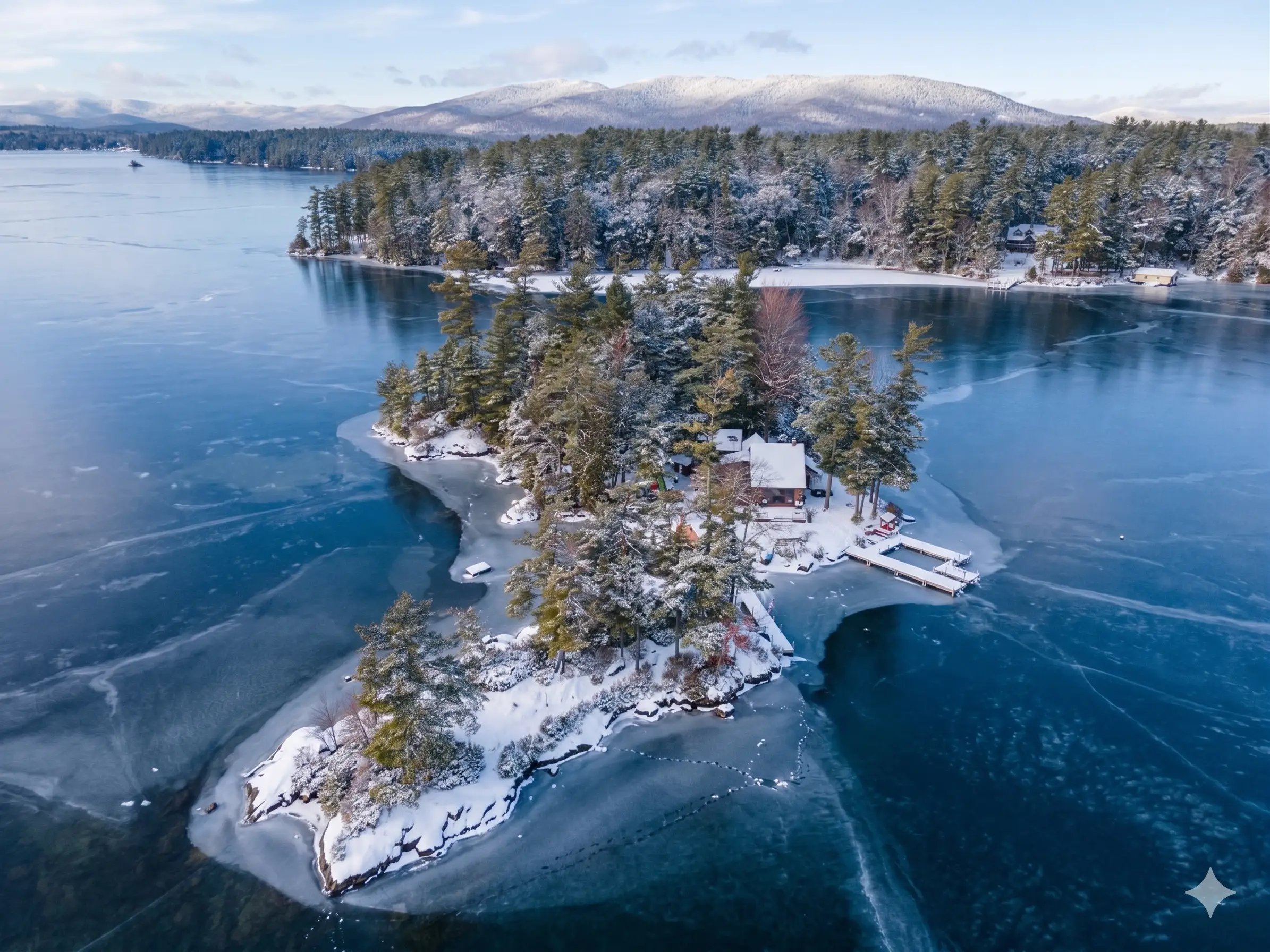 Winter aerial view of a Lake Winnipesaukee island camp